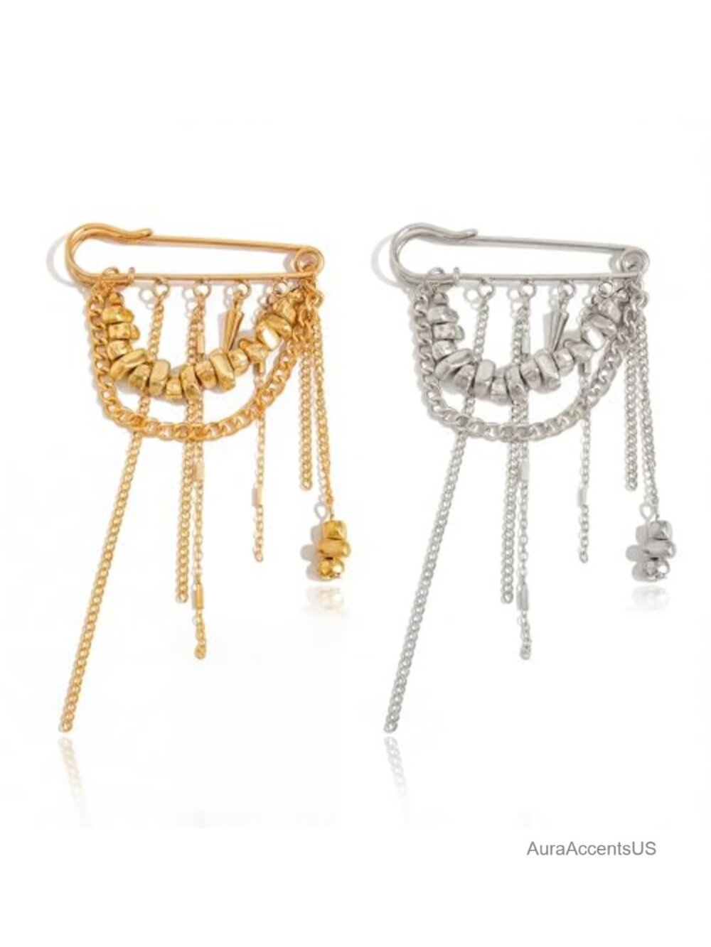 Layered Tassel Brooch Set Gold & Silver Safety Pin Design for Blazer Suit Coat
